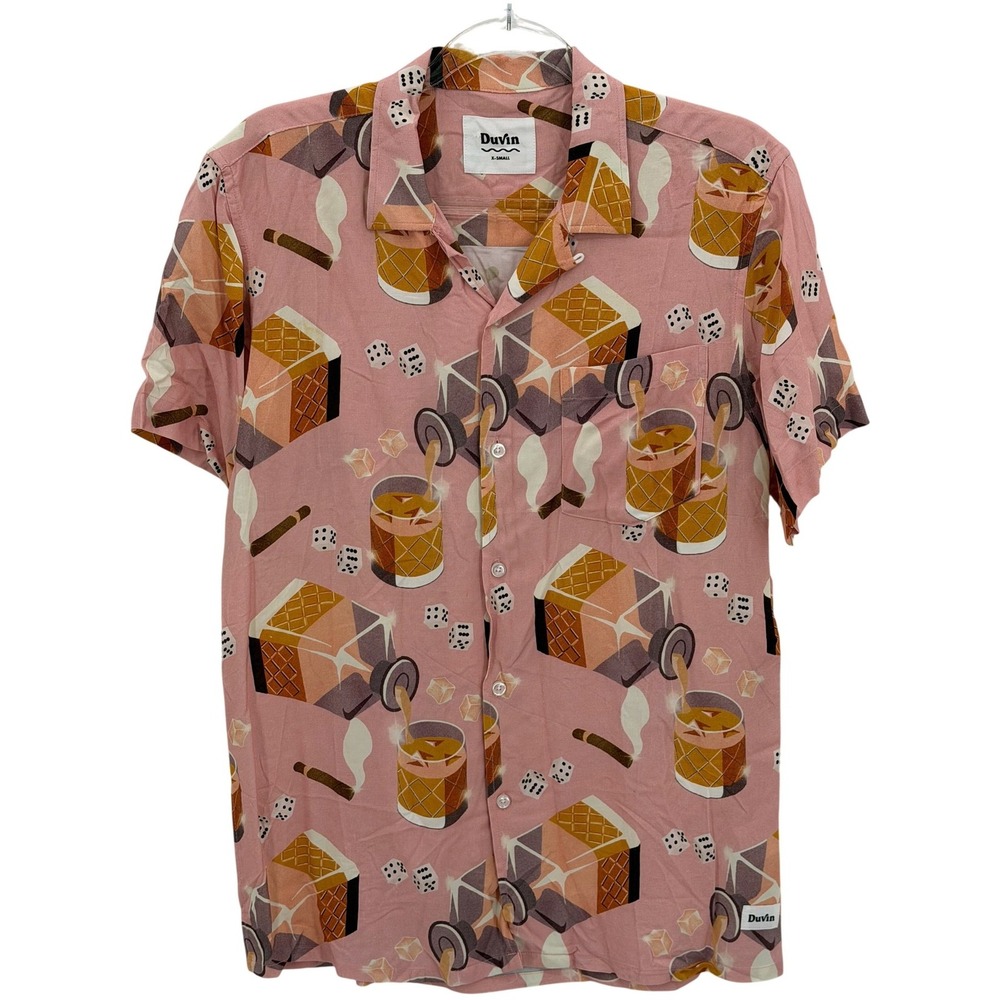 Duvin Shirt Mens XS Pink Whisky Dice Novelty Button Up Casual Summer Preppy